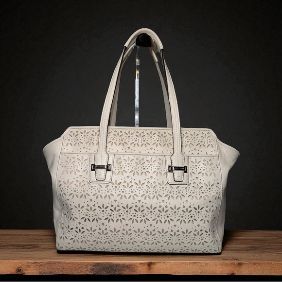 Coach RARE Madison Laser Cut White Leather Satchel Handbag Purse Shoulder Bag - Picture 3 of 14